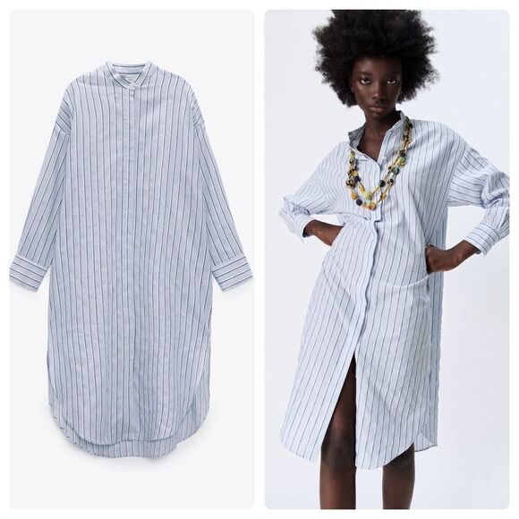 Zara Linen Blend Shirt Dress New Striped - Picture 3 of 11